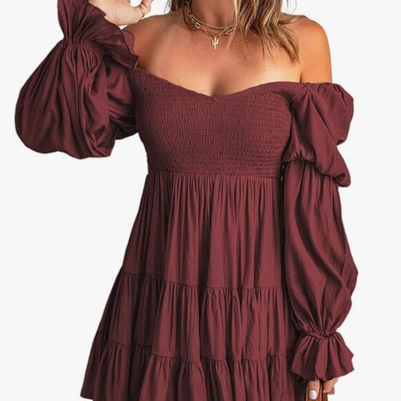 Spring Summer Dress Off The Shoulder V Neck Long Sleeve Ruffle Flowy- NEVER WORN - Picture 1 of 7